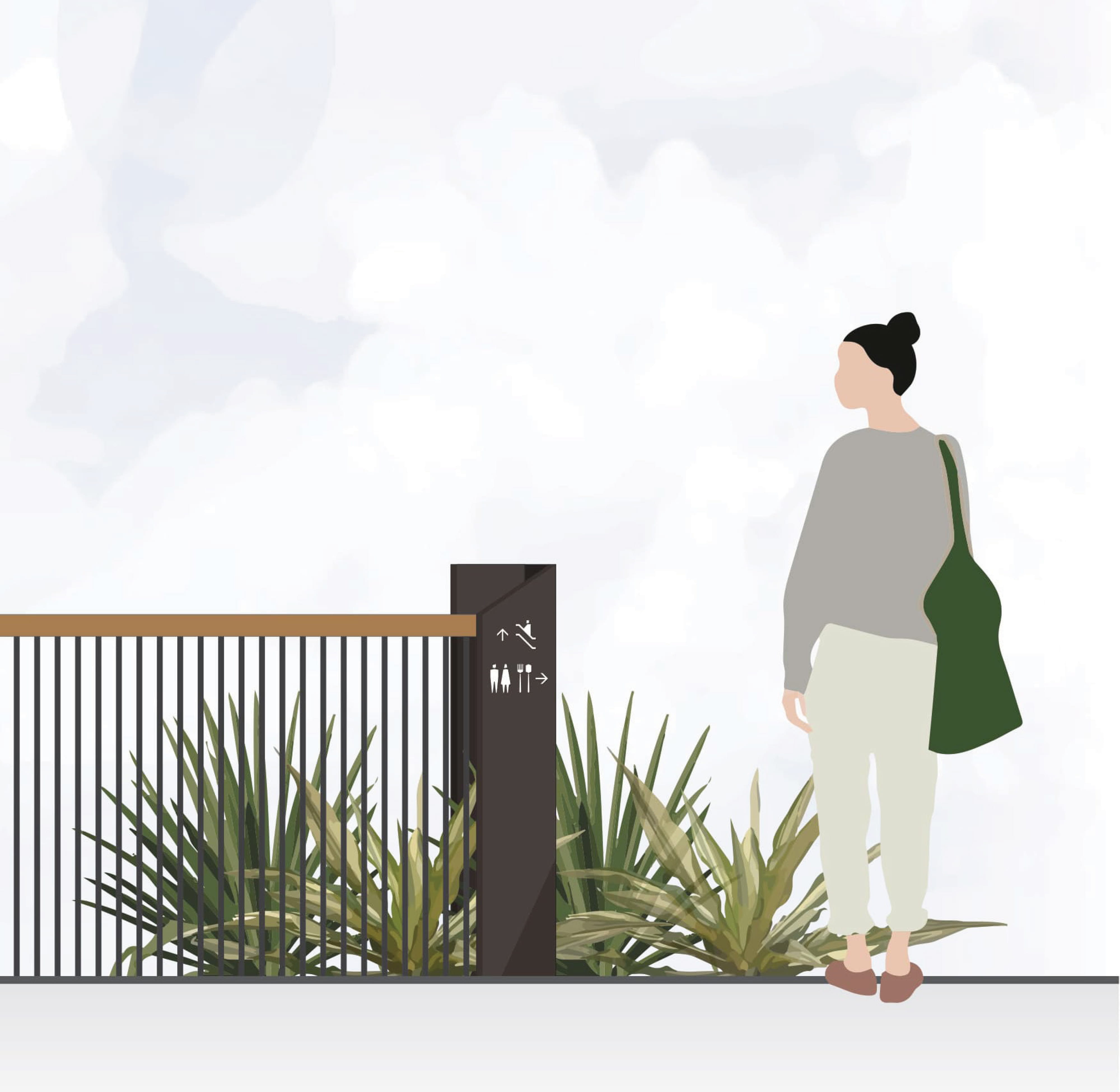 A stylized illustration of a woman with a tote bag pausing near a slim faceted dark charcoal wayfinding post displaying escalator, restroom, and dining pictograms, surrounded by spiky agave plantings and a wood-railed terrace balustrade — reflecting RSM Design's human-centered approach to wayfinding and signage design and placemaking within the mixed-use, retail, and international markets