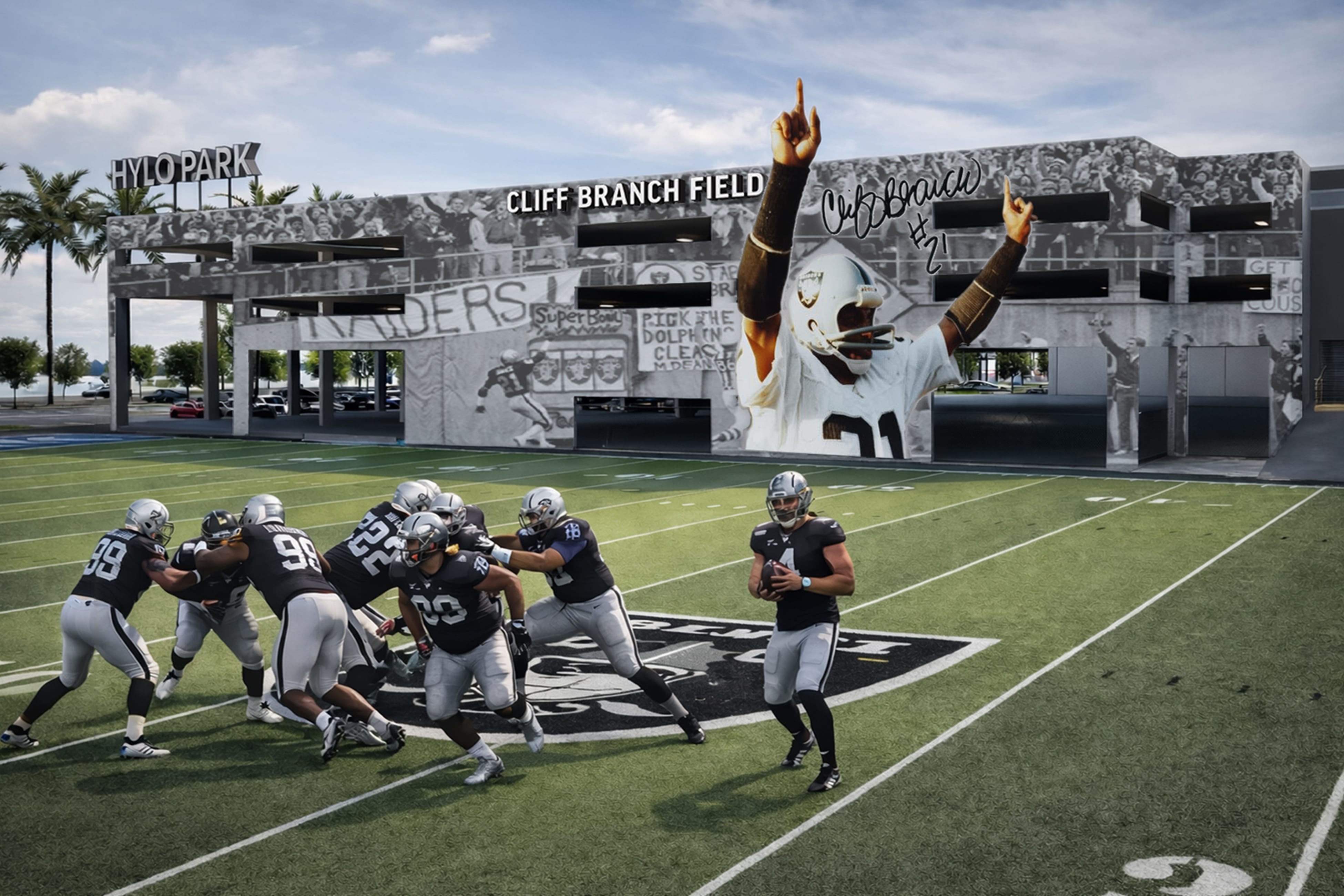 Rendering of Cliff Branch Field, with a parking structure wrapped in a black-and-white mural of Raiders fans and Cliff Branch, the Raiders receiver, celebrating in his No. 21 jersey, plus HYLO PARK rooftop identity letters above the turf practice field, Hylo Park, Las Vegas, environmental graphic design by RSM Design.