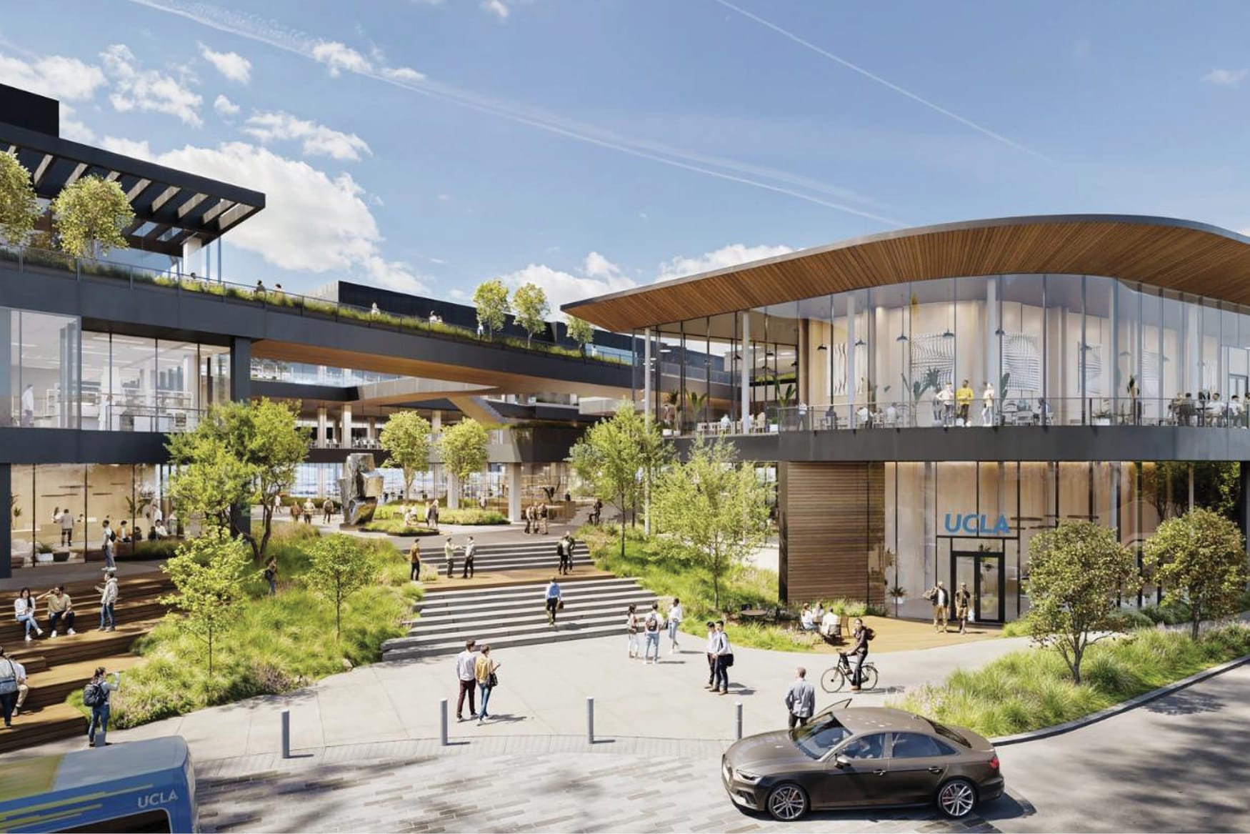 UCLA Research Park campus plaza in Los Angeles featuring contemporary architecture, integrated signage, tiered landscape seating, and pedestrian-focused public space within an urban research and innovation environment designed by RSM Design.
