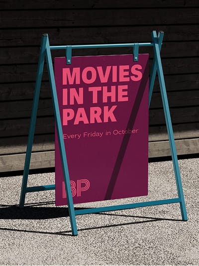 RSM Design Bravo Park — branded A-frame event signage for Movies in the Park programming, showing park activation and events marketing design in Bravo Park colour palette