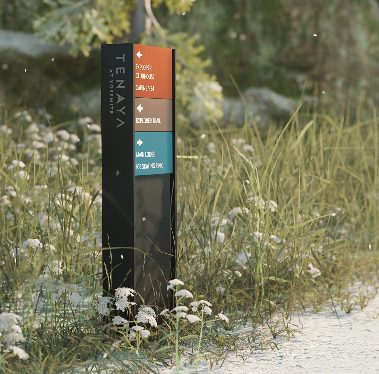 Tenaya at Yosemite color-coded wayfinding totem directing guests to Explorer Clubhouse, Cabins 1–34, Explorer Trail, Main Lodge, and Ice Skating Rink, set along a path through a wildflower meadow