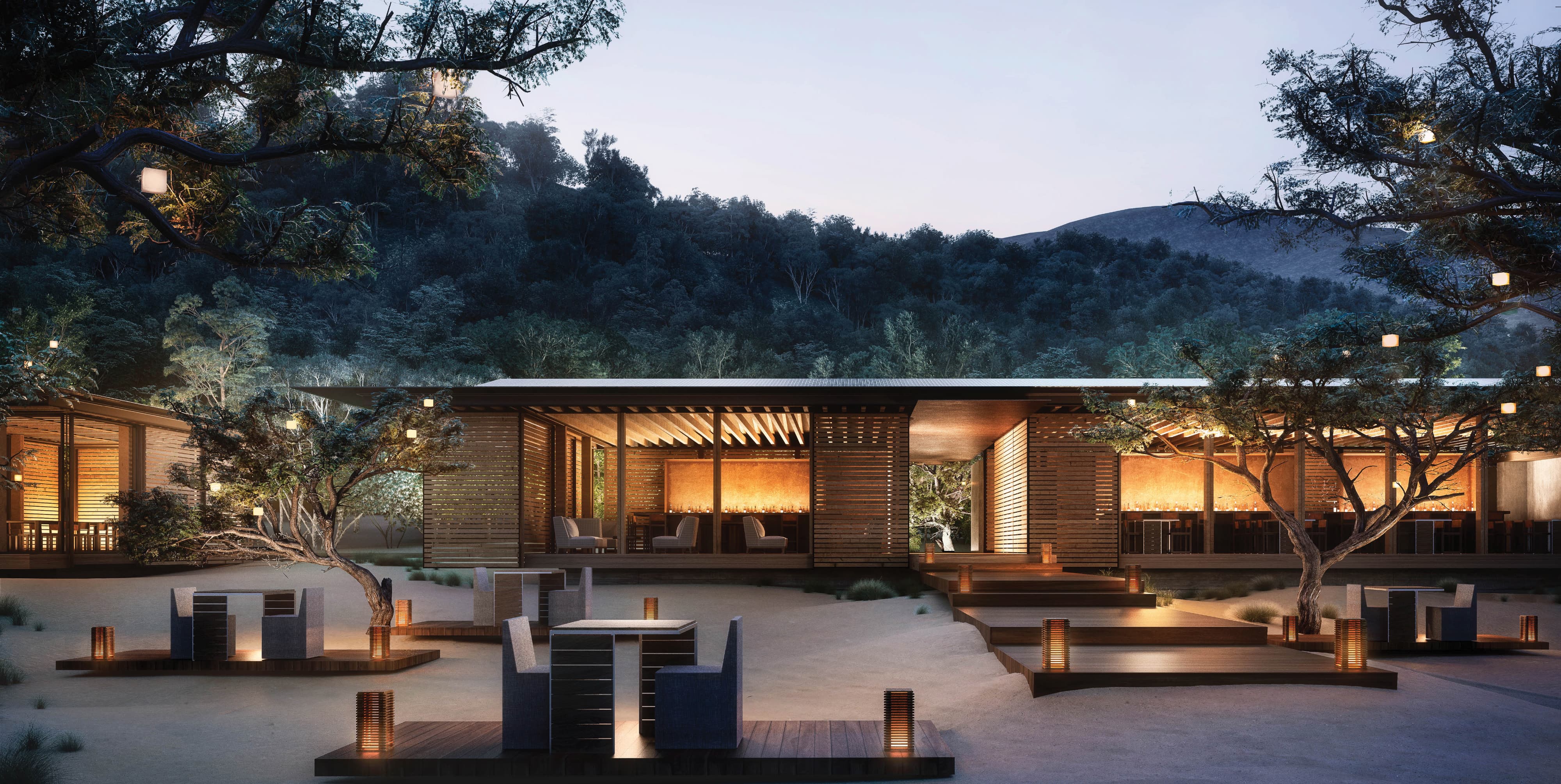 Twilight rendering of an illuminated open-air pavilion restaurant with wood slat walls, surrounded by dining tables on wooden platforms, hanging lanterns in the trees, and lit floor lamps, set against a forested hillside.