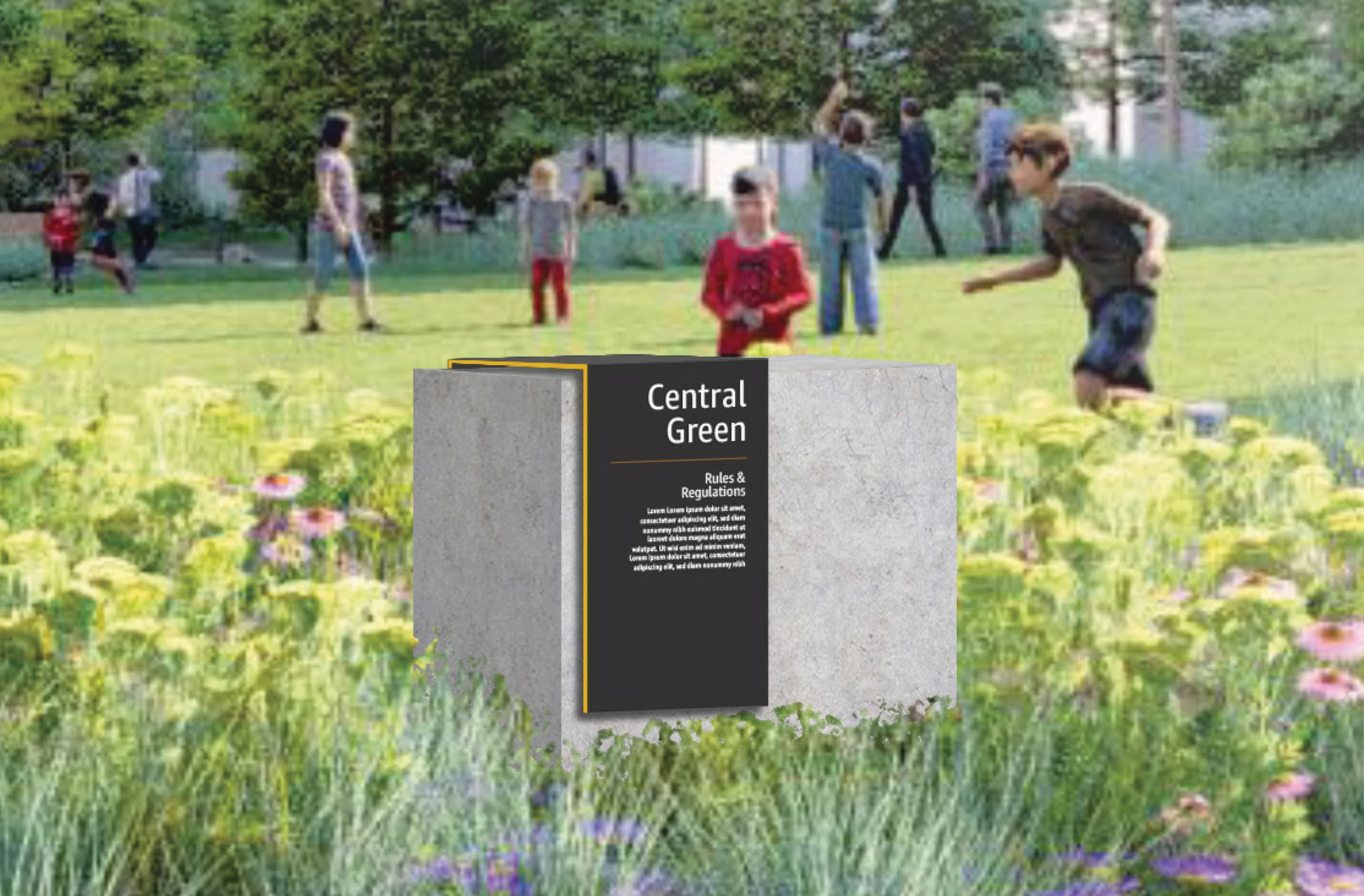 Central Green sign at Amazon's Met Park, marking the heart of the campus's lush green space. Discover the focal point for relaxation, outdoor activities, and community gatherings within this vibrant urban environment.