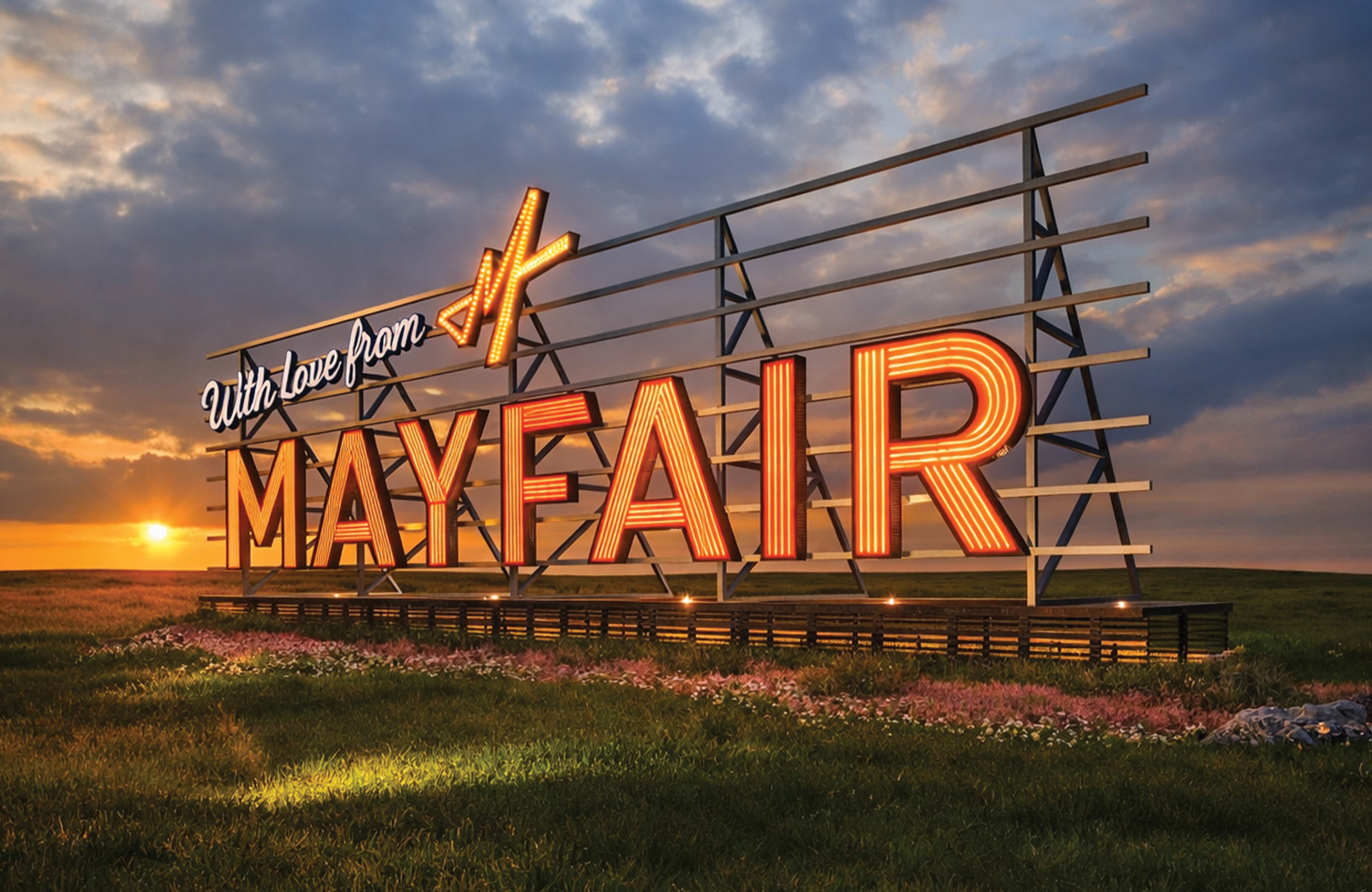 Architectural rendering of a large-scale retro-style illuminated billboard sign reading "With Love from Mayfair" with neon-style letters and a marquee star icon against a dramatic sunset sky, showcasing placemaking, experiential graphics, and branded environment design for a mixed-use residential community by RSM Design.