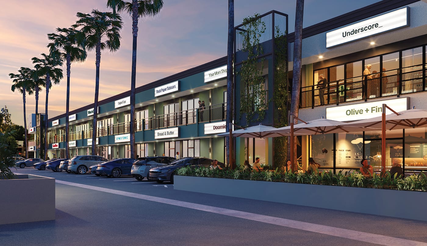 Before and after transformation of The Vine retail center in Los Angeles, showing the original dated strip mall with minimal signage and the redesigned mixed-use environment featuring updated storefront architecture, cohesive tenant signage, outdoor dining, and enhanced pedestrian streetscape by RSM Design.
