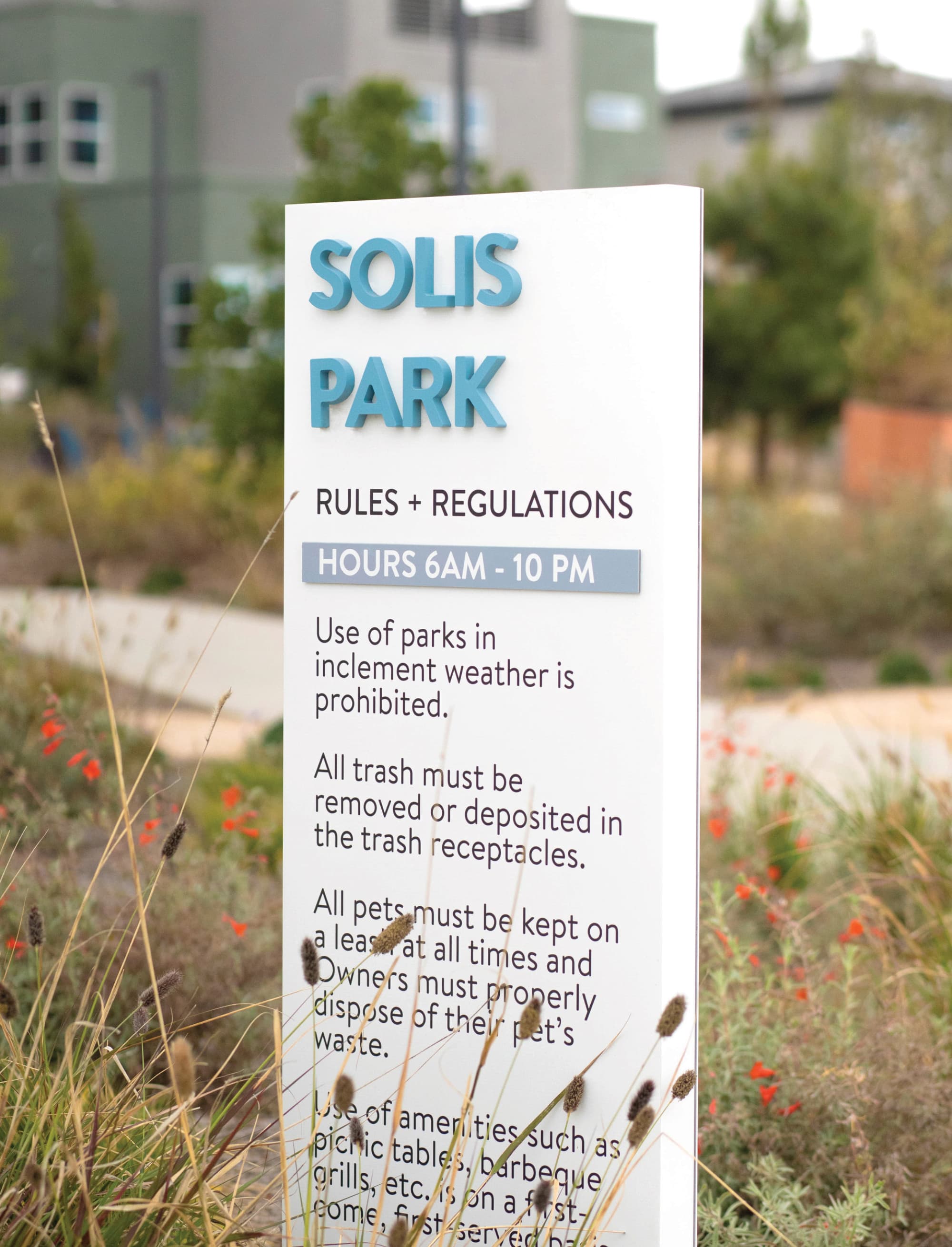 A white outdoor regulatory sign post for Solis Park displaying dimensional teal letters, park hours, and rules and regulations text, positioned among native grasses and red wildflowers with a residential neighborhood visible in the background — illustrating RSM Design's wayfinding and signage design and environmental graphic design services applied cohesively across the residential community and park markets