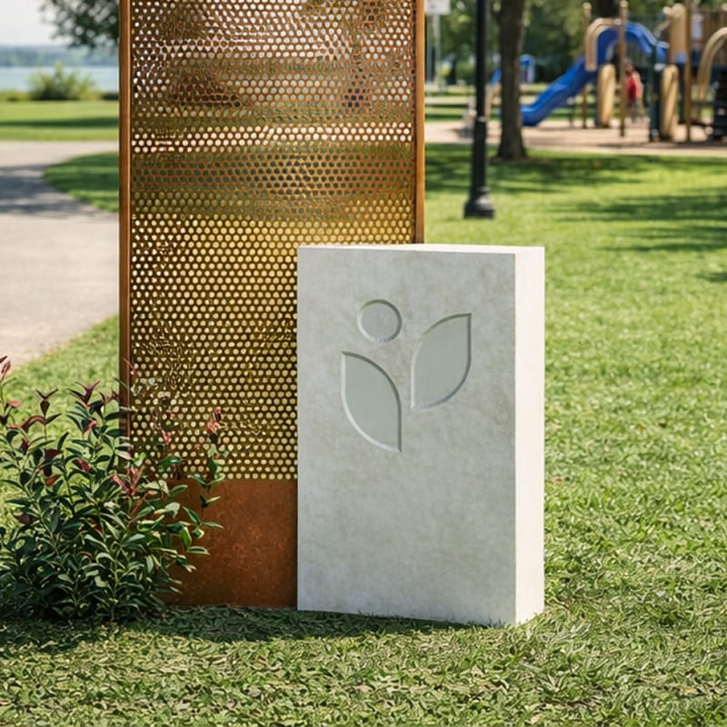 Concrete monument marker etched with a leaf-and-dot icon, paired with a perforated corten steel screen on a park lawn near a playground — environmental graphic design and placemaking by RSM Design.