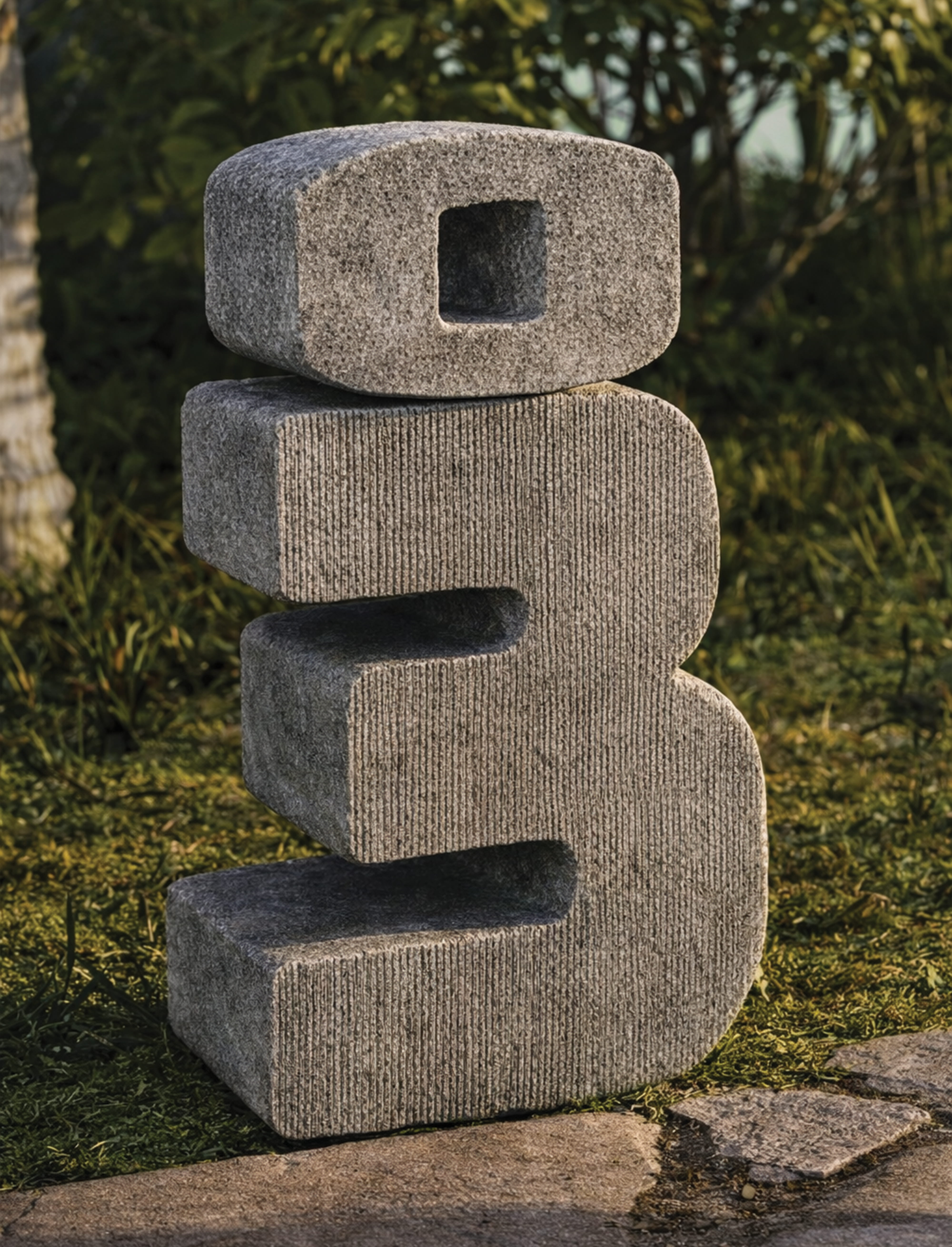 Custom carved stone numeral marker integrated into landscape, showcasing environmental graphic design, branded wayfinding systems, and placemaking for residential, hospitality, and mixed-use environments.