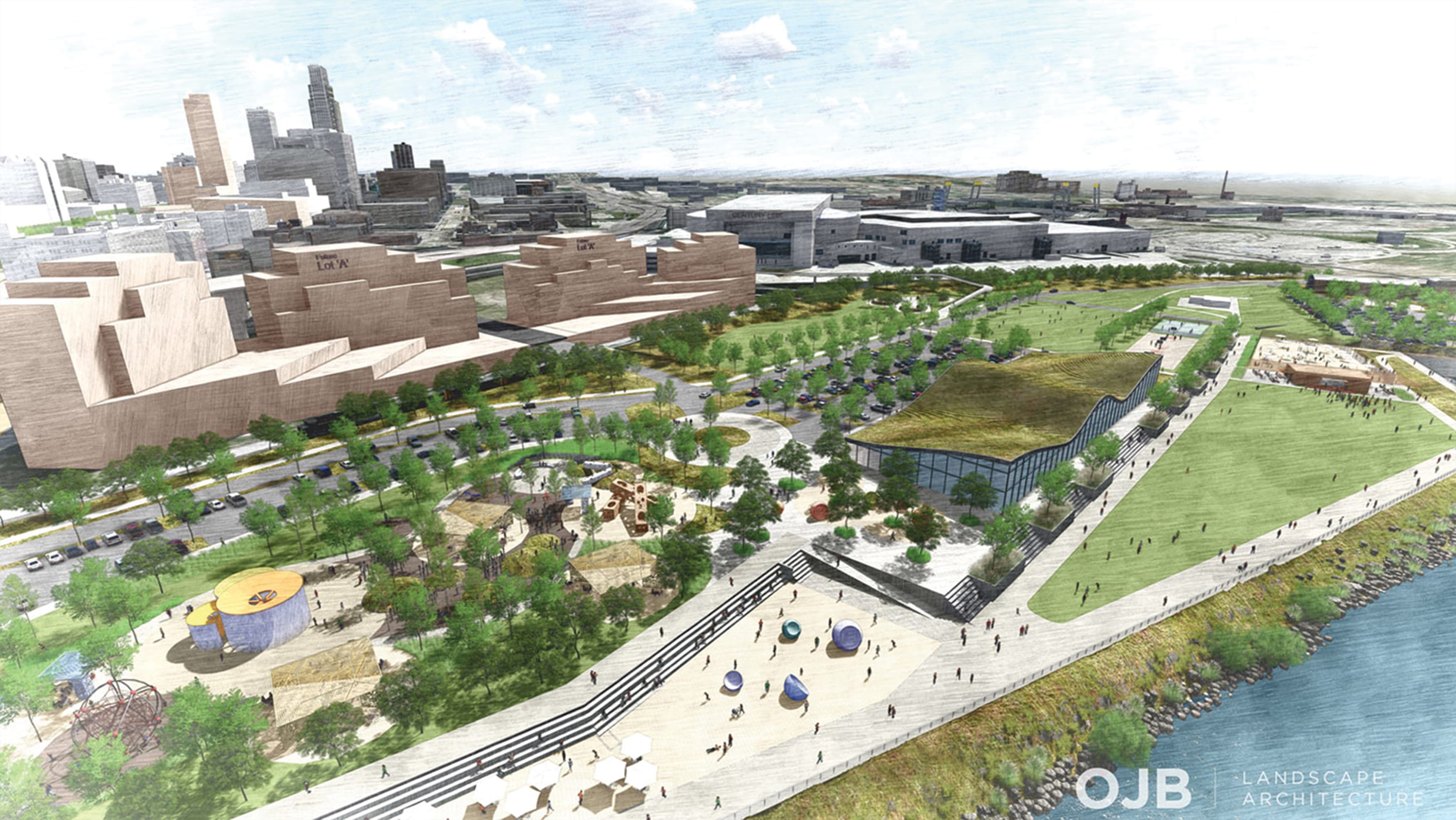 A rendering of the Missouri Riverfront Revitalization Project depicting expanses of open space, play areas, and buildings.