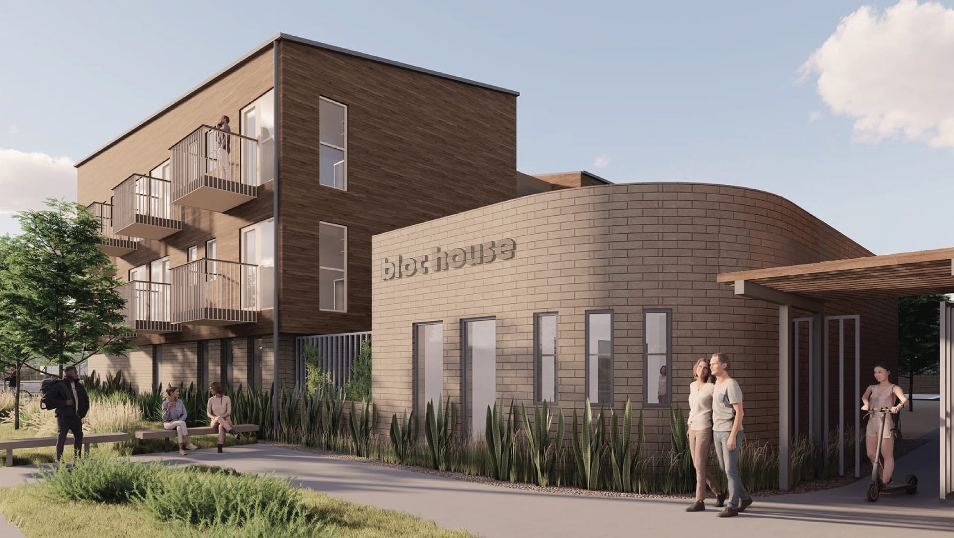 Exterior architectural rendering of Bloc House in Dallas, showing a multi-story residential building with warm wood cladding and cantilevered balconies with dark metal railings, connected to a curved single-story brick pavilion bearing the "bloc house" wordmark. The streetscape features ornamental grasses, shade trees, and residents walking, sitting, and riding scooters along a pedestrian path.
