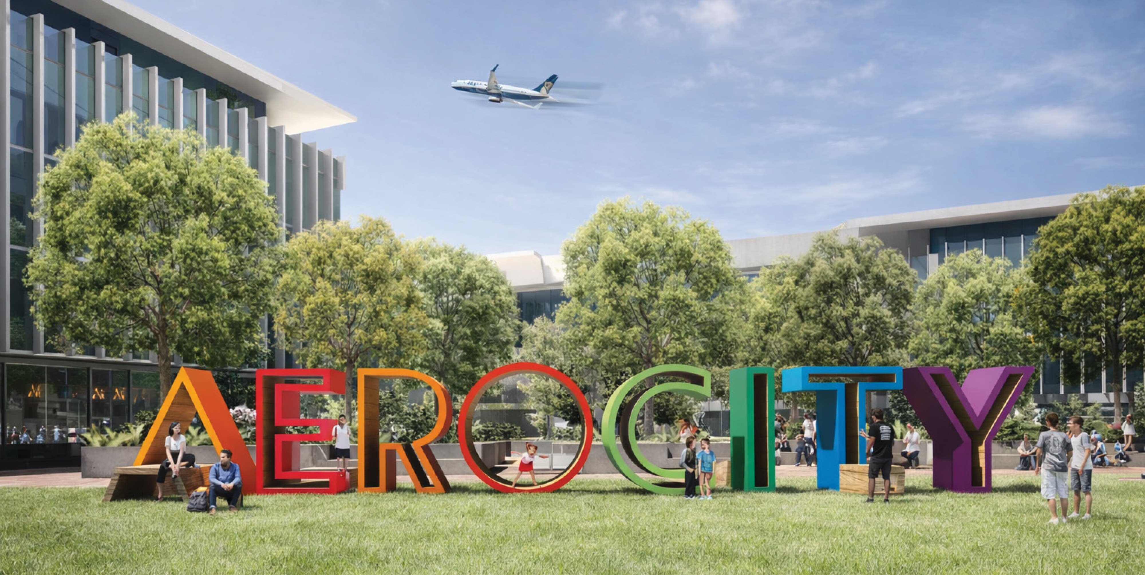 Architectural rendering of large-scale multicolored dimensional "Aerocity" letter sculpture landmark installation in a public lawn with families and visitors gathered around at GMR Aerocity New Delhi international mixed-use destination, with a commercial aircraft visible overhead — RSM Design specialty graphics, art programs, public art, experiential placemaking, and branded environments for mixed-use, transit, civic, and international destinations.