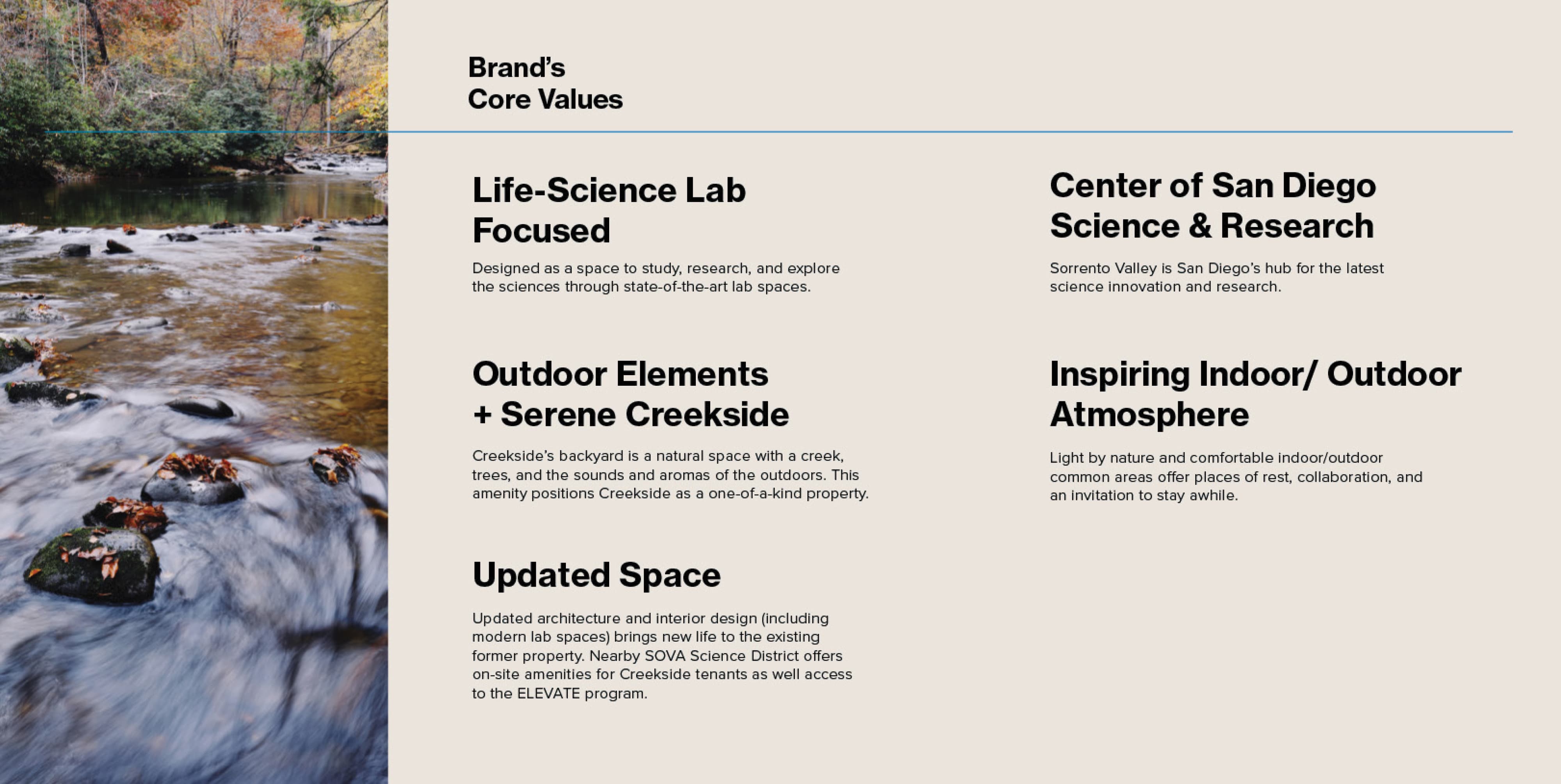 Creekside Labs brand strategy presentation highlighting core values, life science campus positioning, placemaking, and environmental graphic design concepts for research workplaces in San Diego’s Sorrento Valley innovation district.