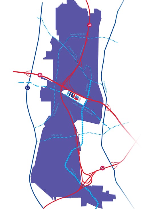 RSM Design wayfinding and signage master plan map for HUB RTP — site circulation diagram showing vehicular and pedestrian routes across Research Triangle Park near I-40, I-540, and Highway 147, Durham NC
