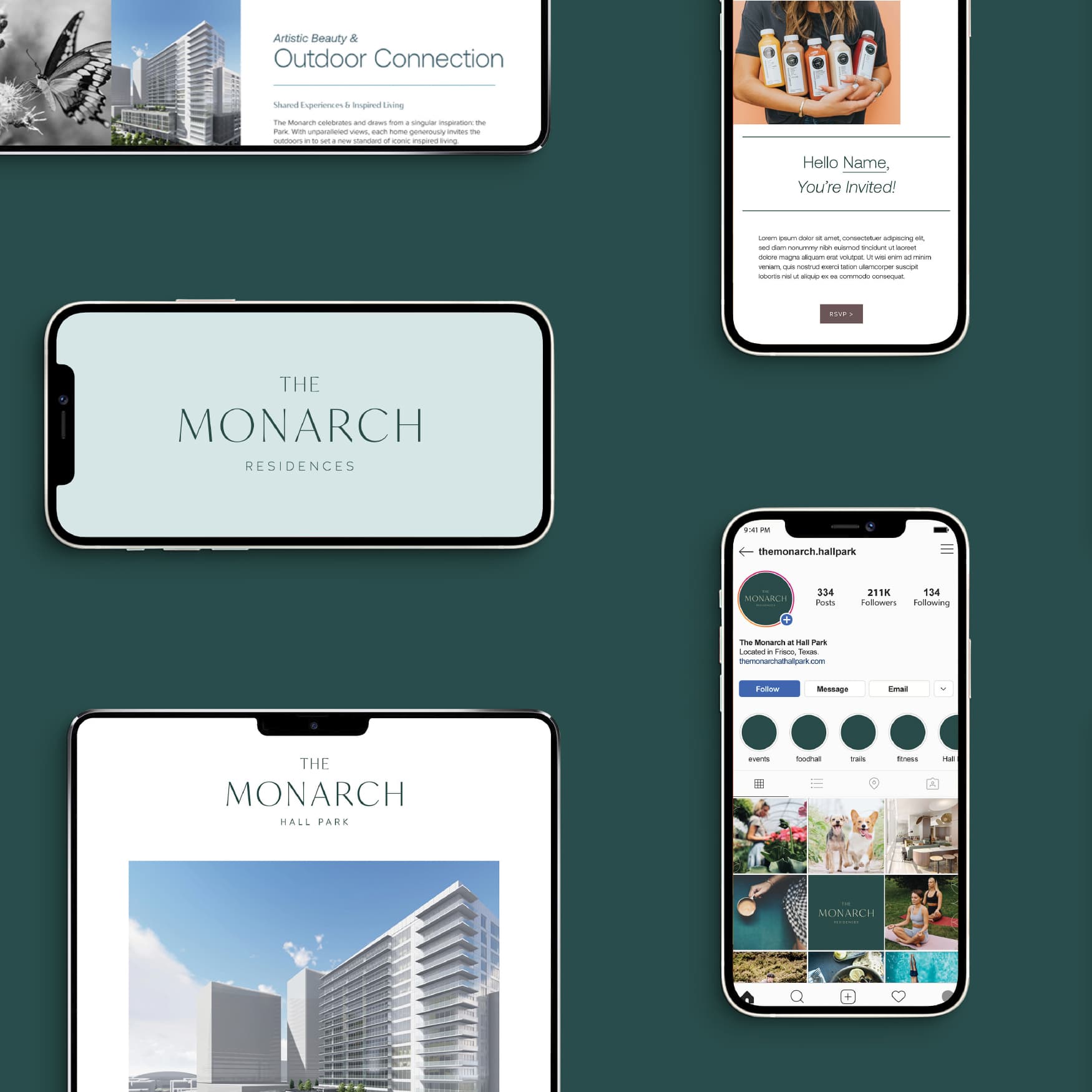 Mockups of The Monarch Residences logo and branding collateral on phones and tablets in a grid layout with green background