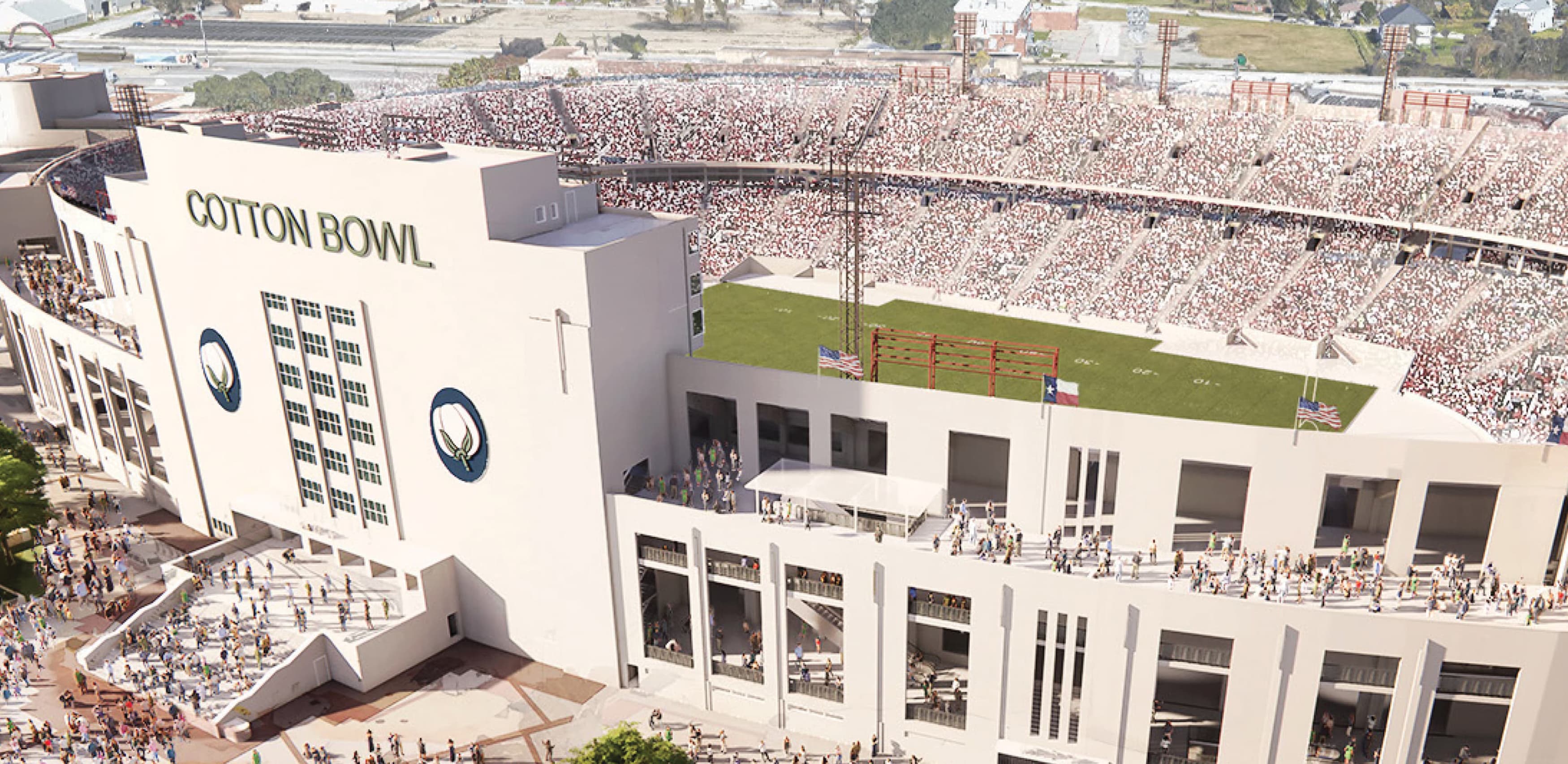 Exterior aerial view of the Cotton Bowl stadium full of people with stadium signage at entry of building