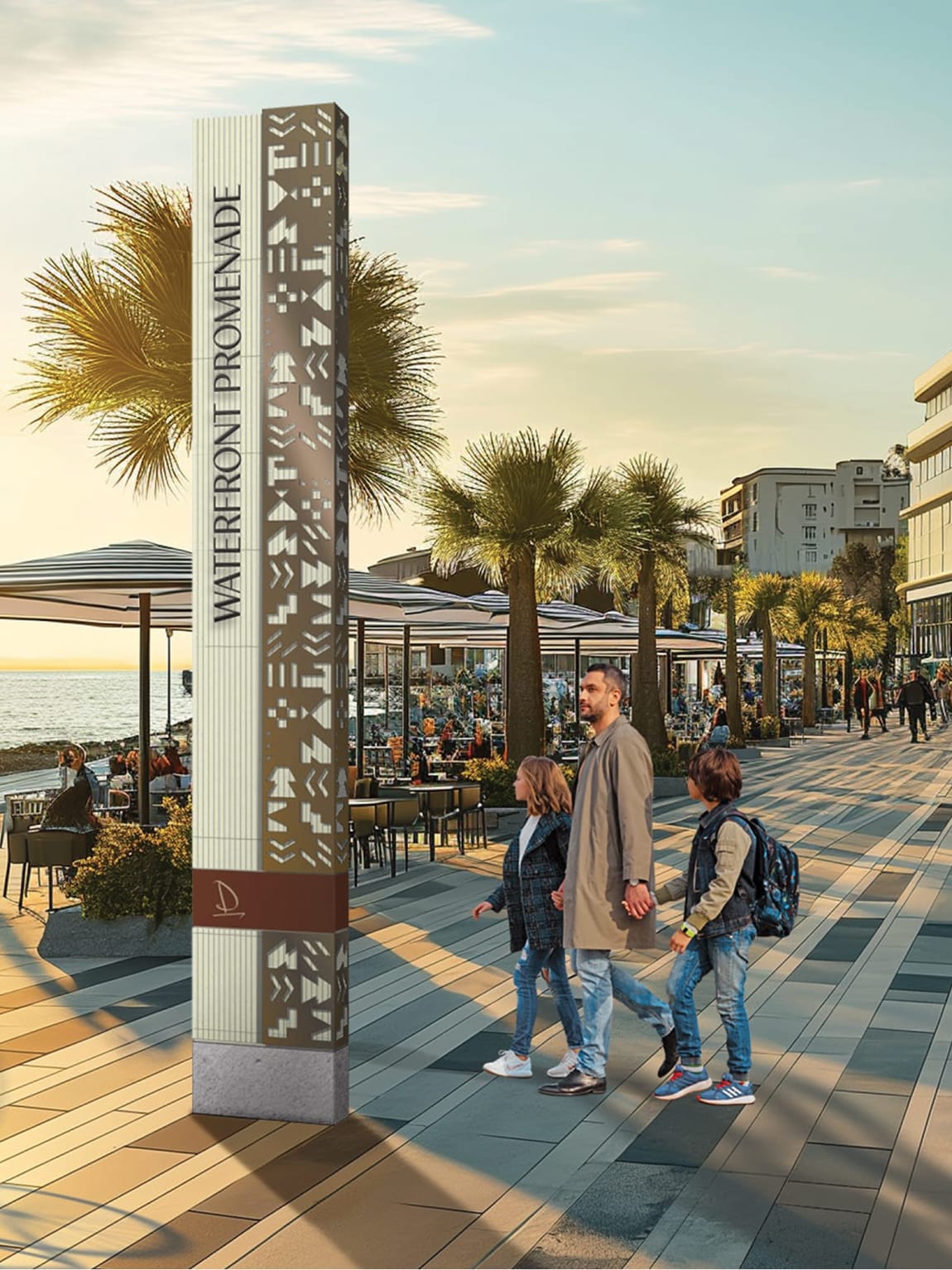 Vertical wayfinding totem along the waterfront promenade, featuring integrated graphics and clear typography to guide visitors through the coastal district.