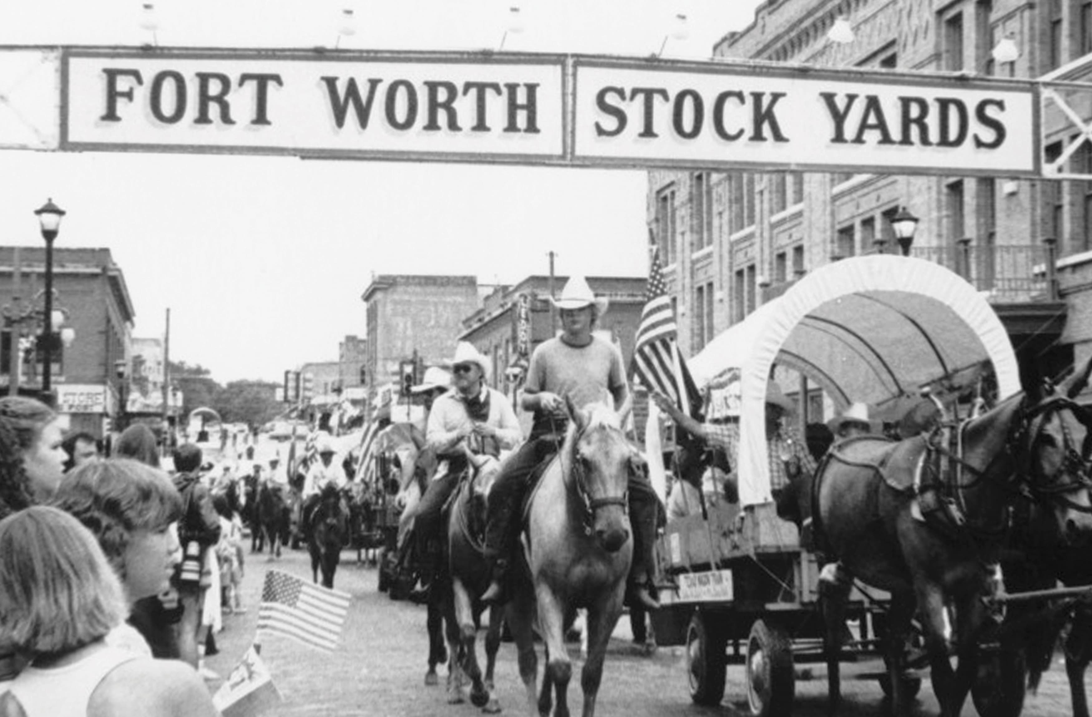 Historic black and white photo of the Fort Worth Stock Yards in Fort Worth, Texas. 