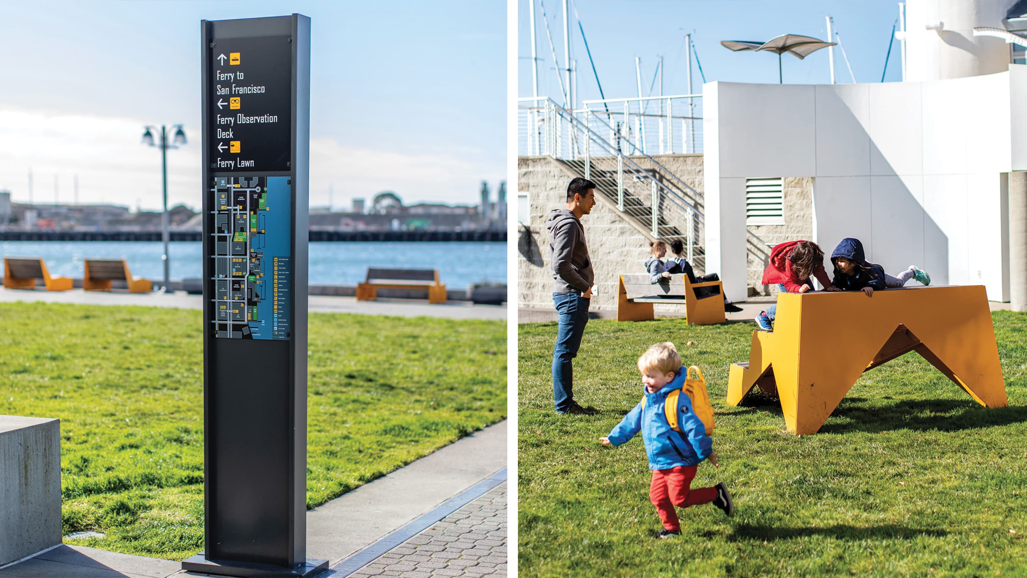 A directory sign at Jack London Square and bright yellow geometric benches in grass with kids playing