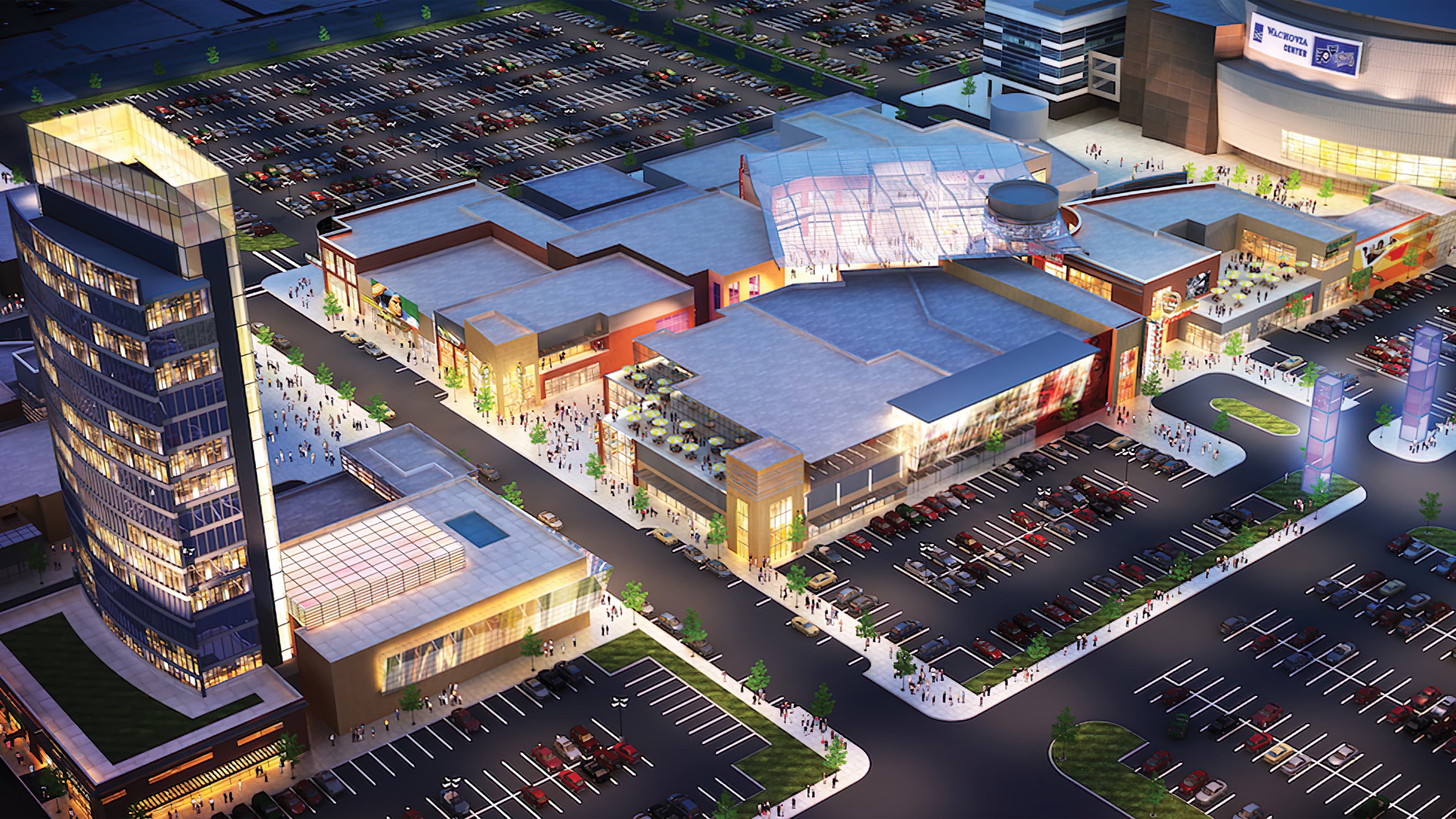 Architect's rendering of busy outdoor shopping center at dusk