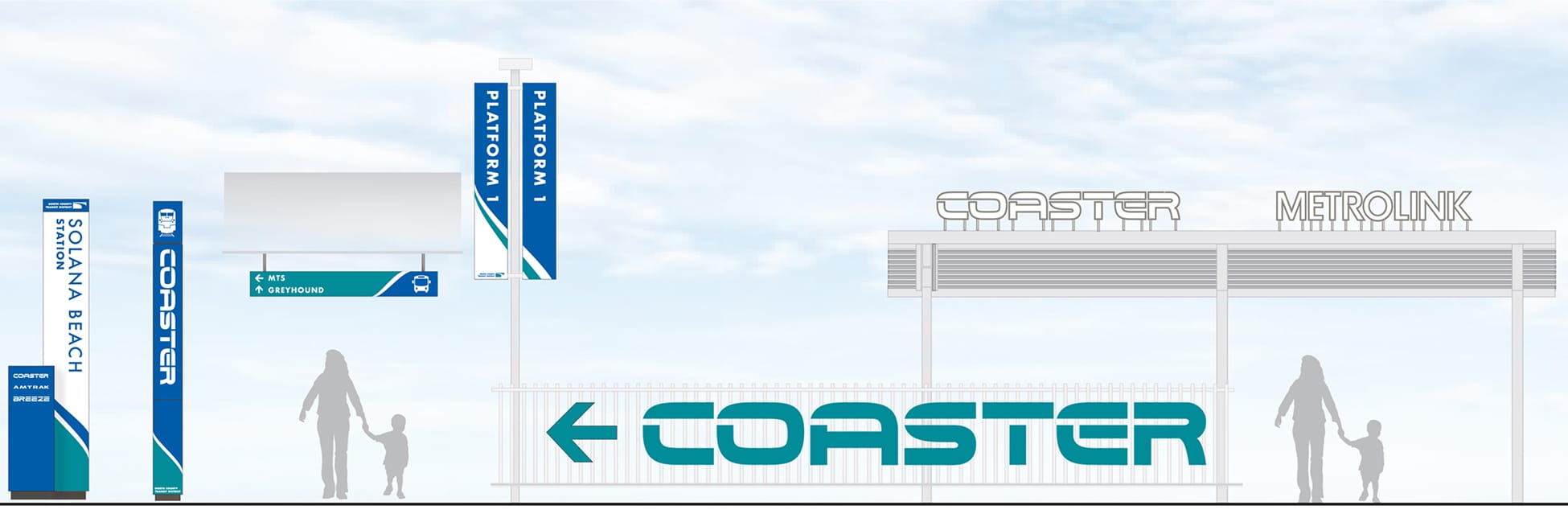 Sign design elevation diagram for Solana Beach Station, showing a monument pylon, banner signs for Platform 1, a directional sign to MTS and Greyhound, and a station canopy with 'Coaster' and 'Metrolink' lettering above a fence-mounted 'Coaster' arrow sign, with silhouetted figures for scale.