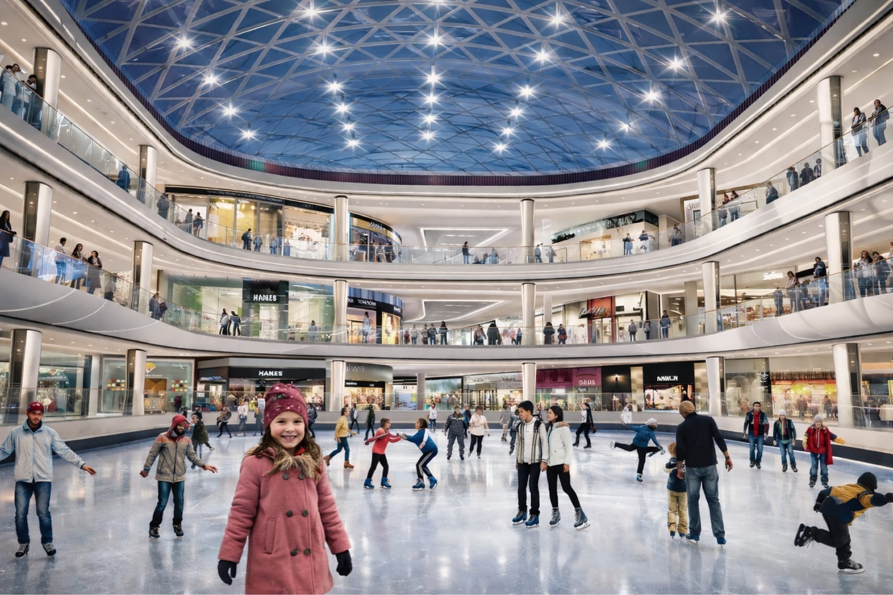 Architectural rendering of the indoor ice skating rink atrium at American Dream mall in East Rutherford, New Jersey, featuring a multi-level retail gallery with tenant storefronts, a star-lit geodesic dome ceiling, and an activated public gathering space filled with skaters — illustrating RSM Design's placemaking and environmental graphic design that connects people to place within a large-scale mixed-use retail and entertainment destination.